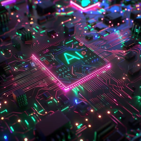 Une image générée par intelligence artificielle, utilisée pour le sujet des tendances IA 2025, montrant une puce électronique connectée à son circuit, sur laquelle il est inscrit “AI”, le tout illuminé en différentes nuances de bleu, vert et rose.