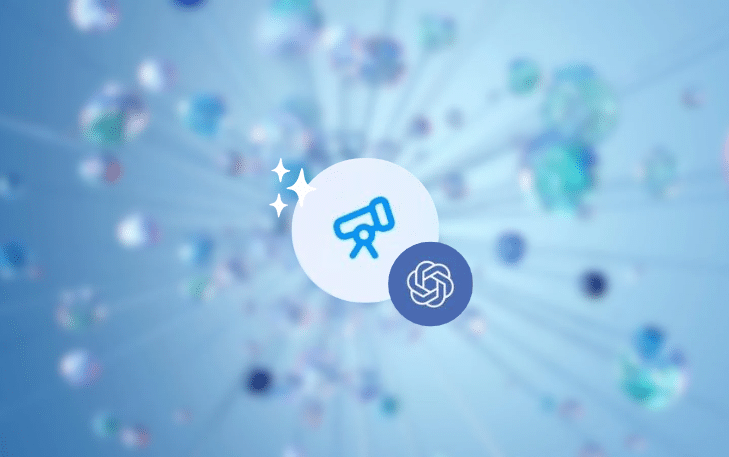 Logo de l'outil Deep Research d'Open AI, avec le logo d'Open AI et surmonté de petites étoiles scintillantes blanche. Le fond est une image floutée conceptuelle de Google DeepMind, bleu clair avec bulles translucides de différentes nuances de bleu et de rose reliées à un noyau. deep research open ai.