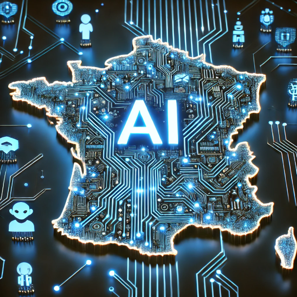 Image générée sur DallE-3 de la France traversée et entourée de circuits électroniques, le tout éclairé en bleu avec un grand "AI" au centre de la France. En référence aux IA françaises.