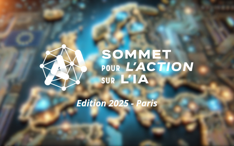 Image de l'article sur le Sommet pour l'action sur l'IA 2025 de Paris. Le logo de l'événement est en blanc au premier plan, et l'image en arrière-plan est une carte de l'Europe floutée, illuminée par des connexions et des circuits électroniques. Générée avec DallE-3 et modifiée en interne.