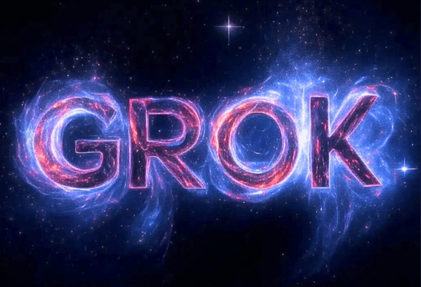 Image avec un fond étoilé et le nom de l'IA "Grok" écrit en nébuleuses. Image issue du site xAI.