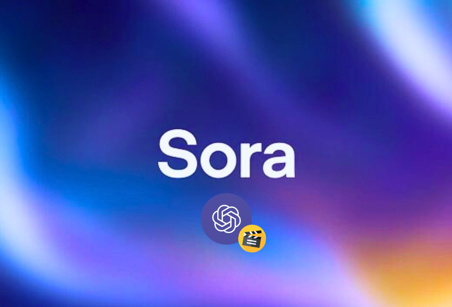 Image officielle de Sora, avec le logo d'Open AI en dessous et une icône de clap de cinéma. Les couleurs sont vives. Utilisée dans un article de génération de vidéo par IA sur Sora.