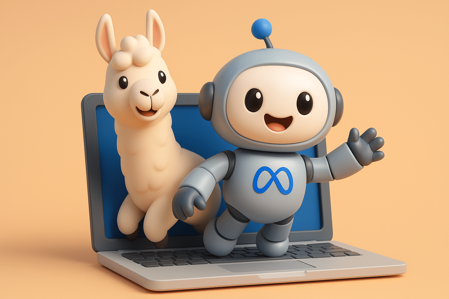 Image en 3d pour l'article sur le modèle IA Llama 4 par Meta. Un robot souriant et amical sort d'un écran d'ordinateur avec un logo de Meta sur son poitrail et salue avec son bras gauche, pendant qu'un petit lama mignon derrière le robot sort lui aussi de l'écran et sourit. Image générée sur GPT-4o image.